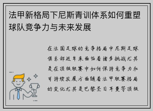 法甲新格局下尼斯青训体系如何重塑球队竞争力与未来发展