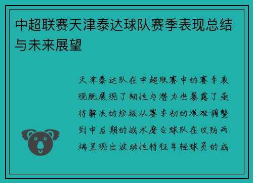 中超联赛天津泰达球队赛季表现总结与未来展望