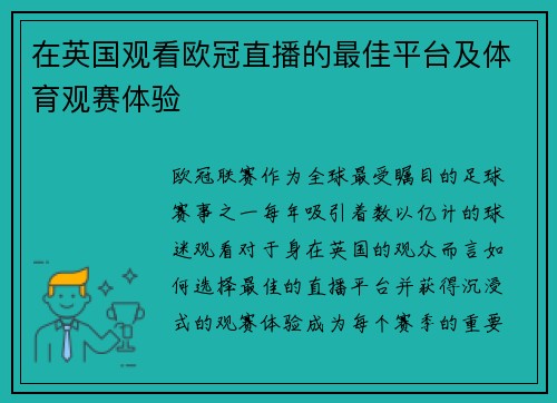在英国观看欧冠直播的最佳平台及体育观赛体验
