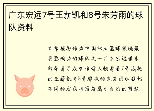 广东宏远7号王薪凯和8号朱芳雨的球队资料